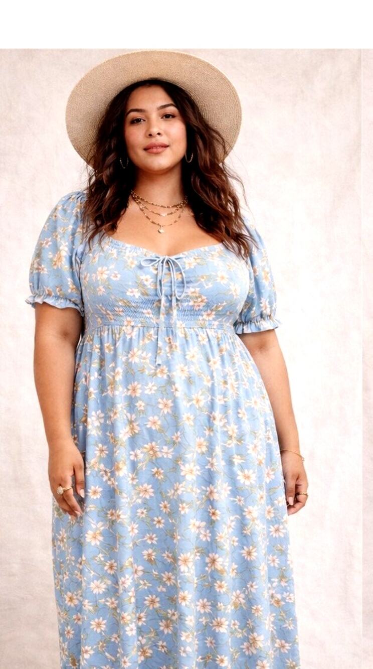 Hesperus Blue Floral Smocked Maxi Dress XL Cottagecore Puff Sleeve Midi Boho